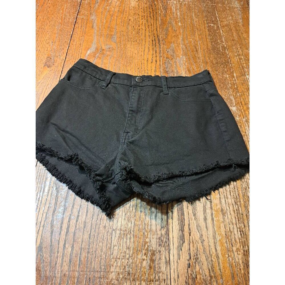 Medium Vibrant MIU Black Raw Hem Denim Jean Short Shorts